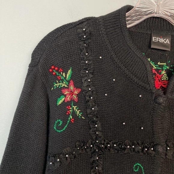 ERIKA Poinsettia Christmas Holiday Beaded Embroidered Cardigan Sweater Size M - Picture 7 of 12